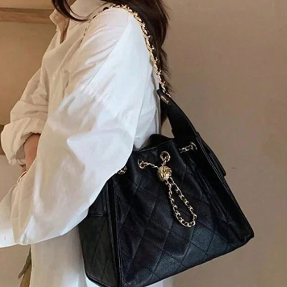 Black Elegant Women Portable Bucket Shoulder Bag - Picture 3 of 8